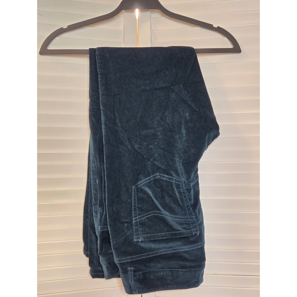 Chico's Velvet Straight Leg Pants Size 10 Teal Green Cotton Stretch Jewel Button